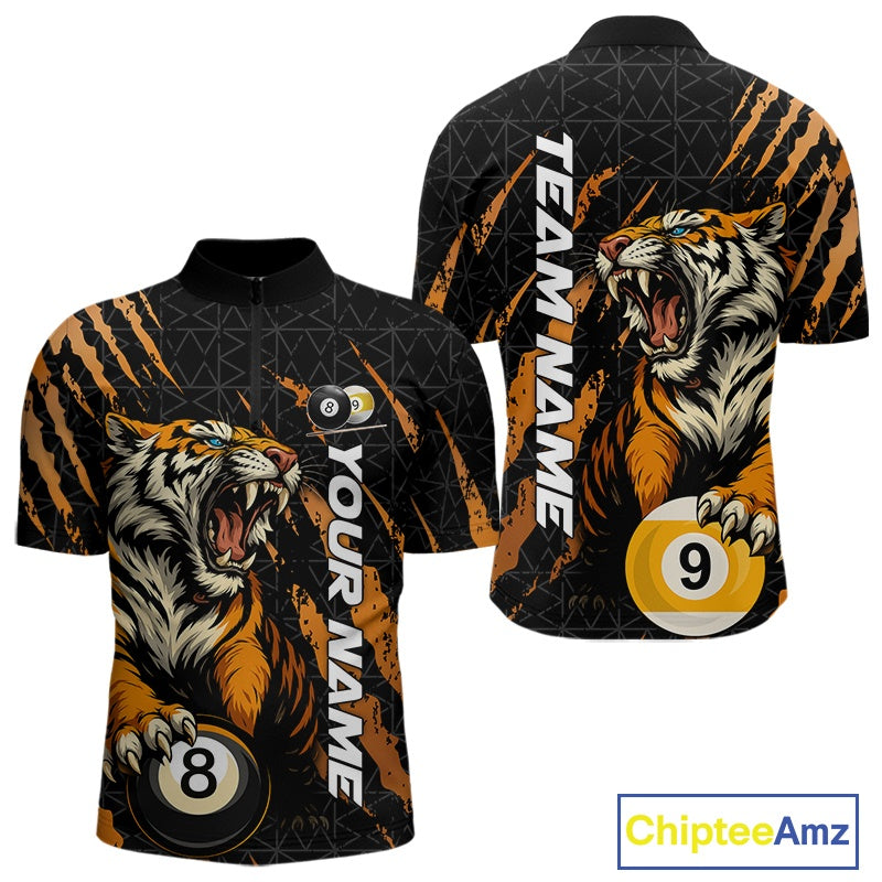 Front and back men’s Billiard quarter zip shirt mockup featuring a roaring tiger emerging through orange claw marks while gripping billiard balls.