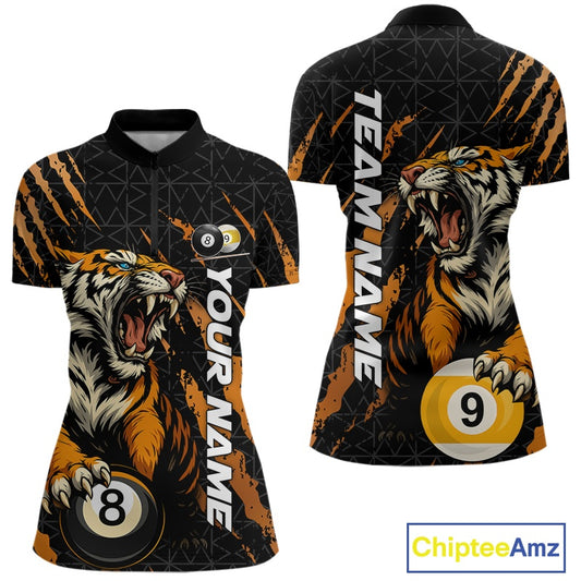 Front and back women’s Billiard quarter zip mockup featuring a roaring tiger emerging through orange claw marks while gripping billiard balls.