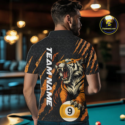 Back view of a male model wearing a polo shirt with roaring tiger motif, orange claw marks, and billiard balls.
