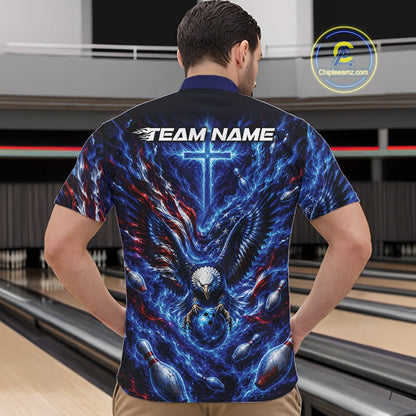 Front view of a male model at a bowling lane wearing a quarter zip shirt with eagle artwork around a bowling ball, flag elements, and pins.