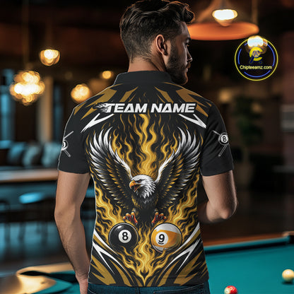Custom Yellow Flame Eagle 8 Ball And 9 Ball Billiards Jersey Polo Shirt For Men IPHW11776