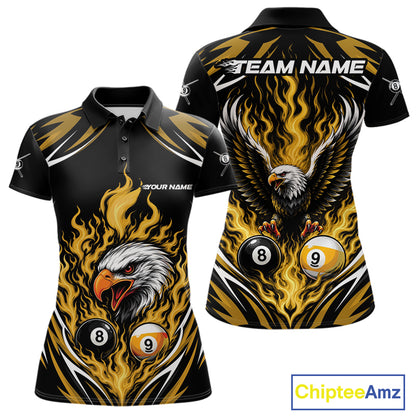 Custom Yellow Flame Eagle 8 Ball And 9 Ball Billiards Jersey Polo Shirt For Women IPHW11776