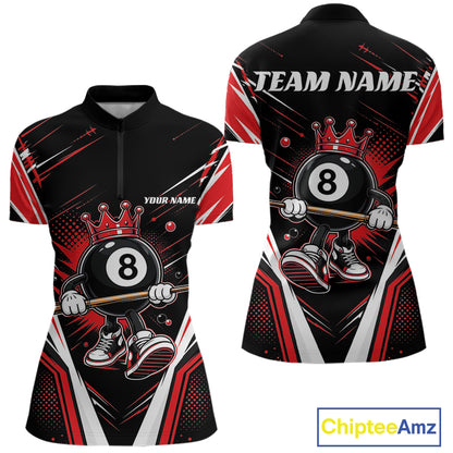 Custom Funny 8 Ball Billiards Queen Women Quarter-Zip Shirt, Red Pool Team Jerseys IPHW11791