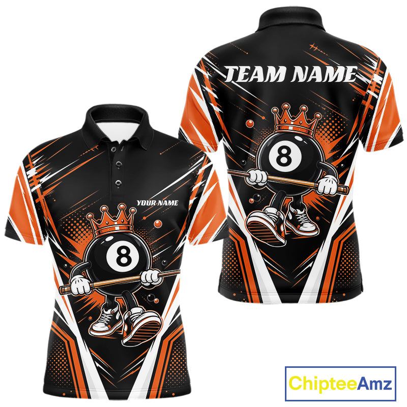 Custom Funny 8 Ball Wearing Crown Billiards King Men Polo Shirt, Orange Pool Team Jerseys IPHW11792