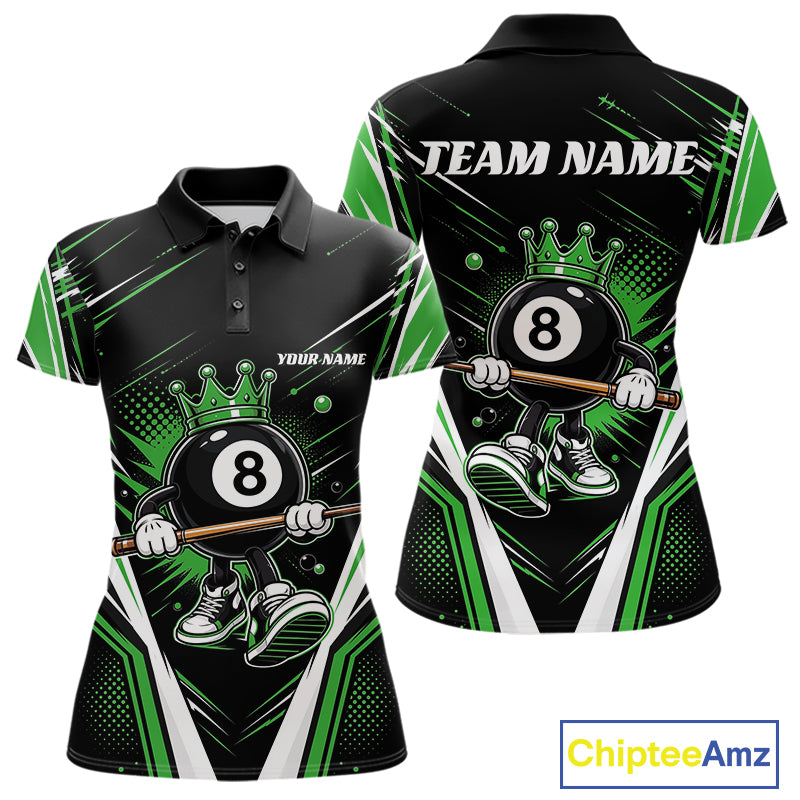 Custom Funny 8 Ball Wearing Crown Billiards Queen Women Polo Shirt, Green Pool Team Jerseys IPHW11793