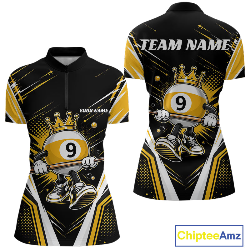 Custom Funny 9 Ball Billiards Queen Women Quarter-Zip Shirt, Yellow Pool Team Jerseys IPHW11794