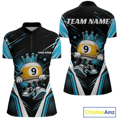 Custom Funny 9 Ball Billiards Queen Women Quarter-Zip Shirt, Blue Pool Team Jerseys IPHW11795