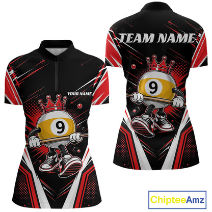 Custom Funny 9 Ball Billiards Queen Women Quarter-Zip Shirt, Red Pool Team Jerseys IPHW11796