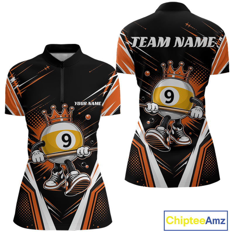 Custom Funny 9 Ball Billiards Queen Women Quarter-Zip Shirt, Orange Pool Team Jerseys IPHW11797