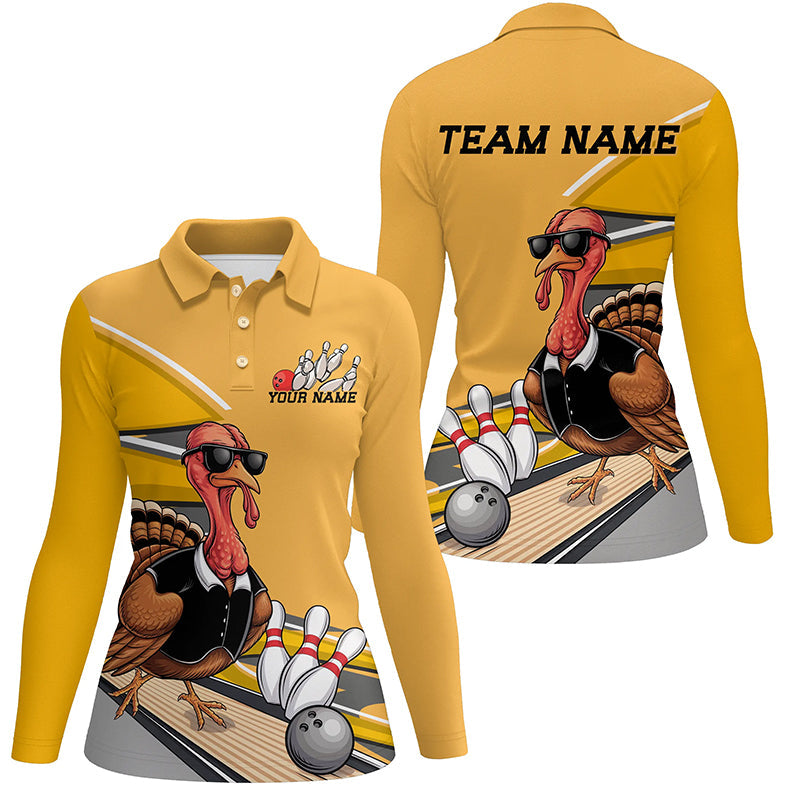 Custom Yellow Funny Turkey Bowling Team Shirts For Women, Thanksgiving Bowler Outfits IPHW7885