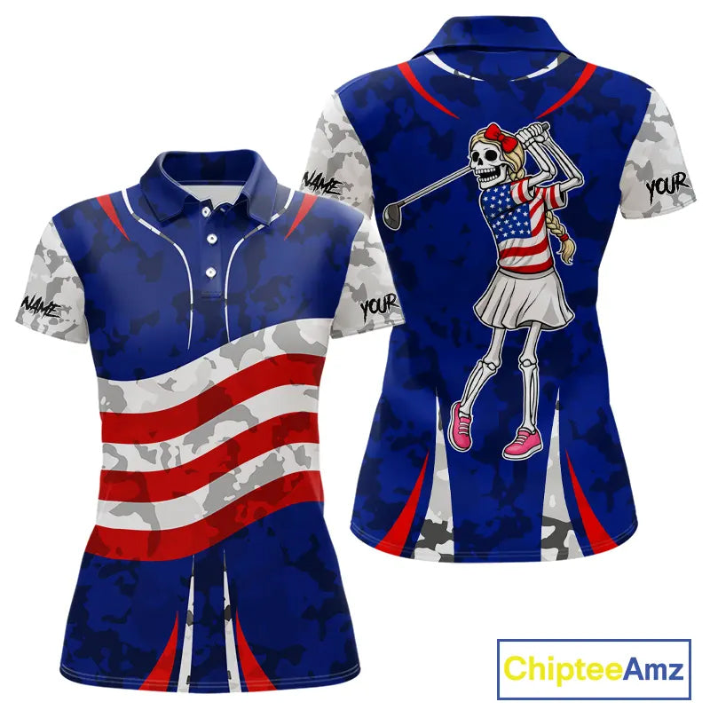 USA flag camo golf outfits funny skull matching men and womens golf shirts custom patriotic golf tops NQS11400