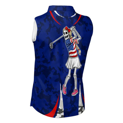 USA flag camo golf outfits funny skull ladies sleeveless golf tops custom patriotic golf shirt ladies NQS11400