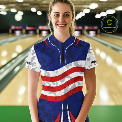 Camo American flag bowling jersey custom Women bowling polo, 1/4 zip shirts, bowling league shirts NQS11401