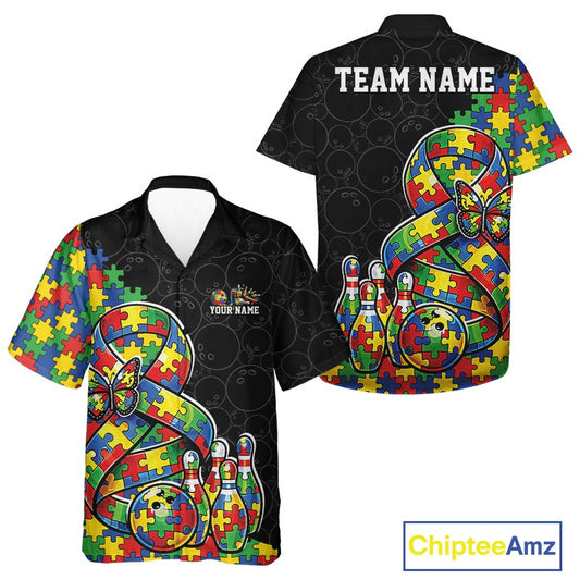 Button-up bowling shirt mockup featuring black shirt with large autism awareness ribbon filled with puzzle pattern, butterfly accents, and bowling strike artwork
