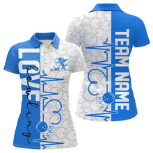 Load image into Gallery viewer, White And Blue Custom Love Bowling Polo Shirts For Women, Valentines Couple Bowling Jerseys IPHW8326