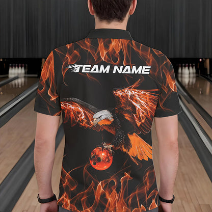 Custom Black And Orange Flame Eagle Bowling Team Men Polo Shirts, Eagle Bowling League Shirt IPHW8799