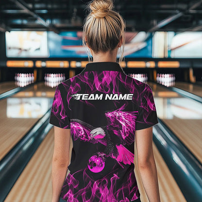 Custom Black And Pink Flame Eagle Bowling Women Quarter-Zip Shirts, Bowling League Shirt IPHW8800