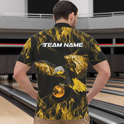 Custom Black And Gold Flame Eagle Bowling Team Men Quarter-Zip Shirts, Eagle Bowling League Shirt IPHW8801