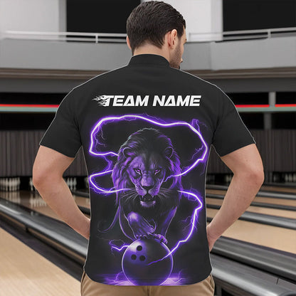 Custom Black And Purple Thunder Lightning Lion Bowling Quarter-Zip Shirts For Men, Team Uniform IPHW8802