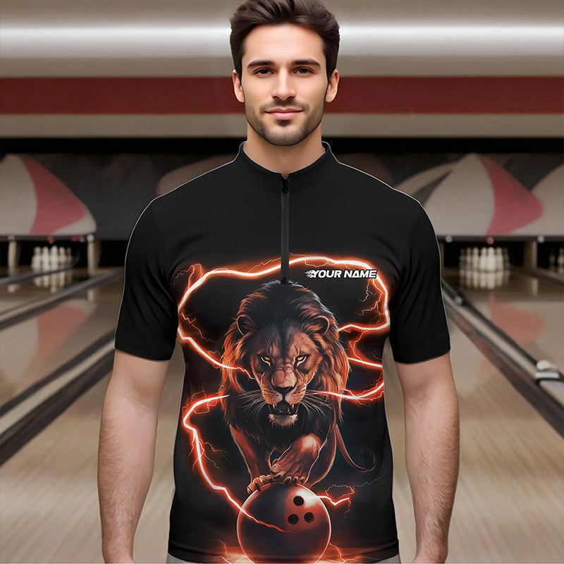 Custom Black And Orange Thunder Lightning Lion Bowling Quarter-Zip Shirts For Men, Team Uniform IPHW8803