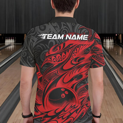 Custom Black And Red Tribal Polynesian Bowling Team Men Polo Shirts, Niho Mano Bowling Shirt IPHW8811