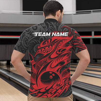 Custom Black And Red Tribal Polynesian Bowling Team Men Quarter-Zip Shirts, Niho Mano Bowling Shirt IPHW8811
