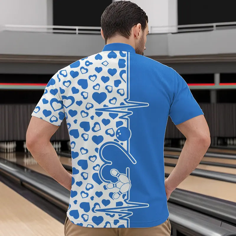 Blue Bowling Heartbeat Pulse Line Custom Valentines Day Bowling Quarter-Zip Shirts For Men IPHW8333