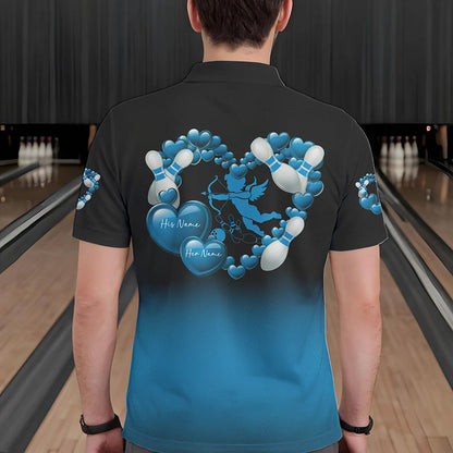 Black And Blue Custom Valentines Day Bowling Polo Shirts For Men, Bowling Couple Shirt IPHW8335