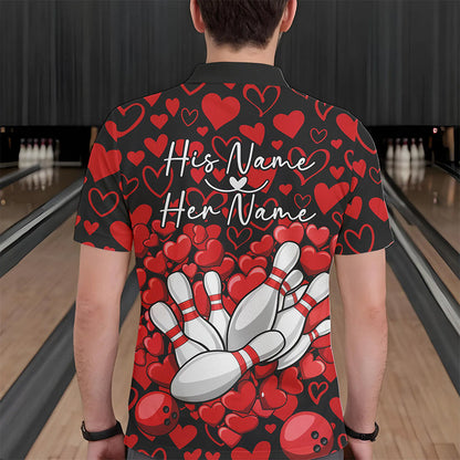 Black And Red Heart Theme Custom Valentines Bowling Polo Shirt For Men, Couple Bowling Shirt IPHW8336