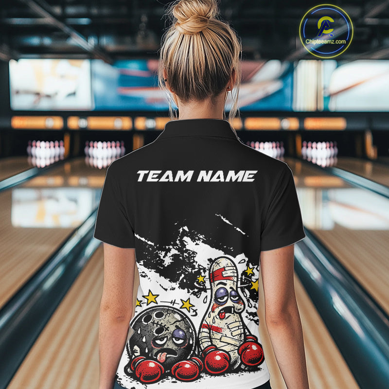Back view of a female bowler wearing a black and white polo shirt, humorous boxing bowling ball and pin illustration with clean graphic style.