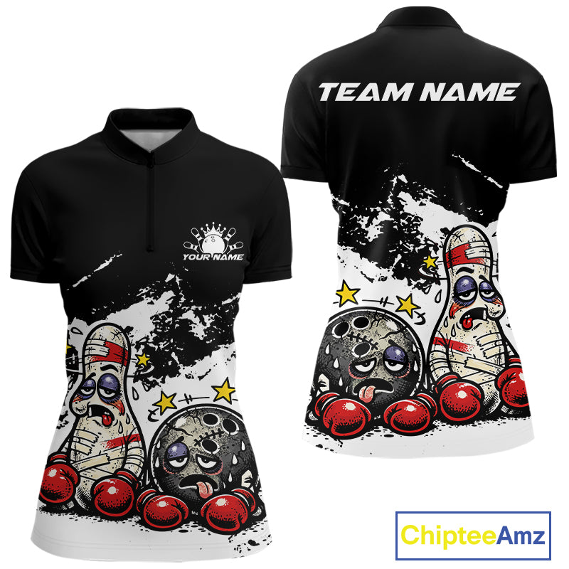 Front and back view of a women’s quarter-zip bowling shirt mockup in black and white, featuring humorous boxing-style bowling ball and pin graphics.