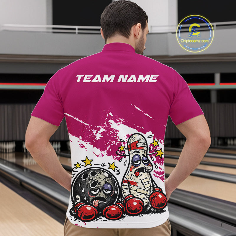 Male model in a bowling lane wearing a pink and white quarter-zip shirt, cartoon boxing bowling strike illustration with energetic style.