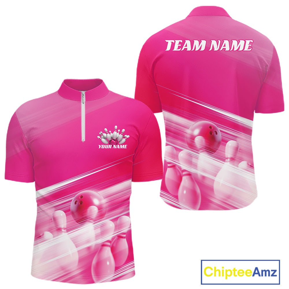 Front and back pink men’s bowling quarter zip shirt mockup featuring bowling ball and pins blended into a pink geometric background.