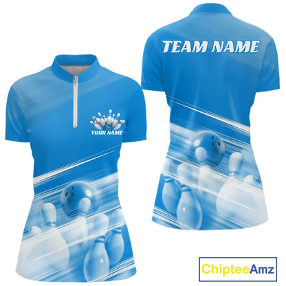 Front and back blue women’s bowling quarter zip mockup featuring bowling ball and pins artwork blended into a pink geometric pattern.