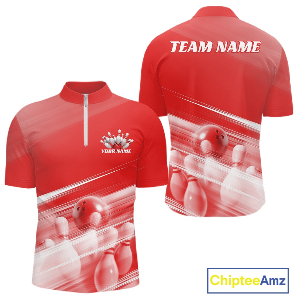 Front and back red men’s bowling quarter zip shirt mockup featuring bowling ball and pins blended into a pink geometric background.