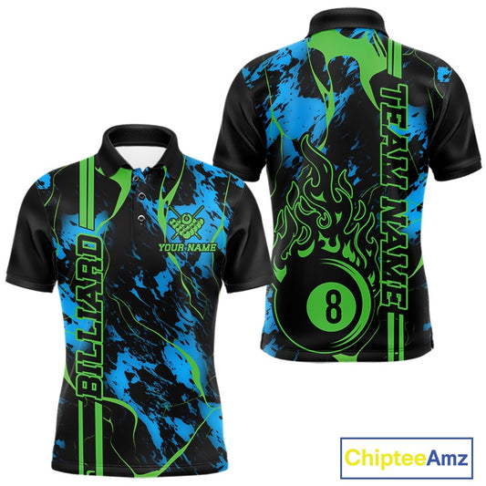 Front and back men’s Billiard polo shirt mockup featuring a flaming billiard 8 ball motif on a blue and green abstract background.