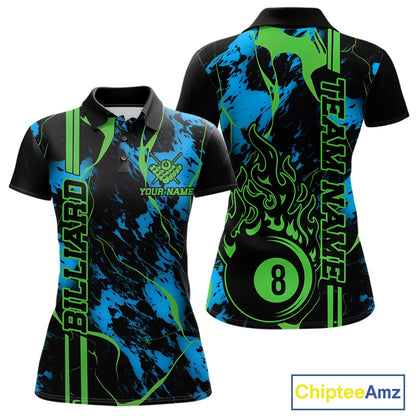 Front and back women’s polo shirt mockup featuring a flaming billiard 8 ball motif over a blue and green abstract background.