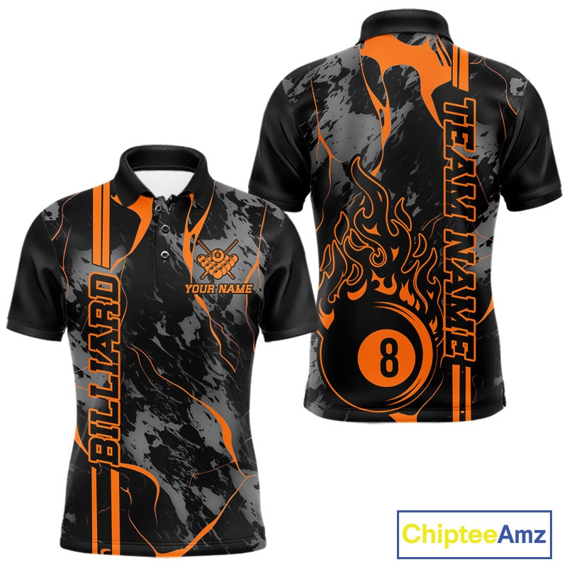 Men’s Billiard polo shirt mockup shown front and back with flaming billiard 8 ball artwork on a blue and green abstract background.