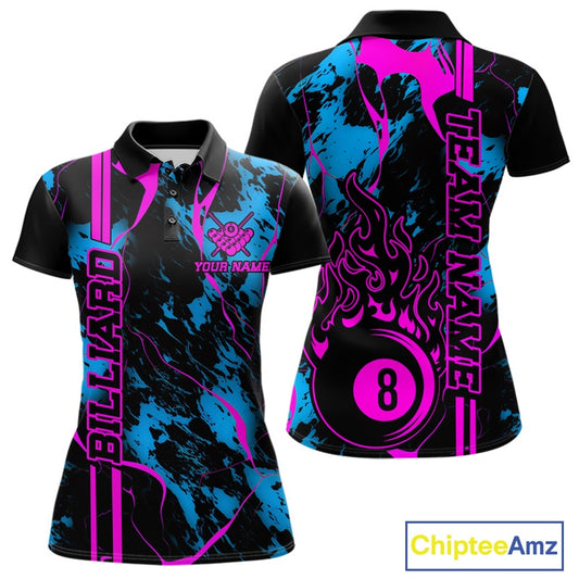 Front and back women’s polo shirt mockup with billiard 8 ball flame artwork over a blue and green abstract pattern.