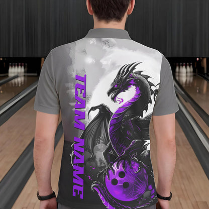 Black And Purple Custom Dragon Bowling Polo Shirts For Men, Dragon Bowling Team Shirts IPHW8817