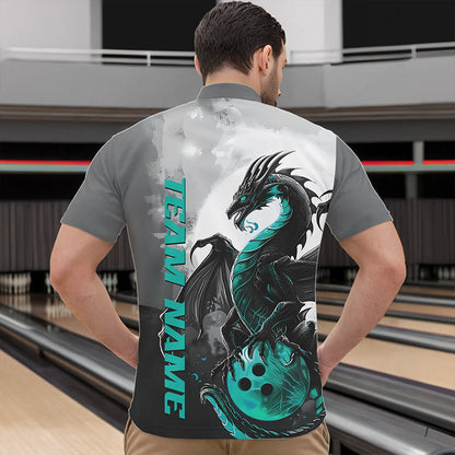 Black And Turquoise Blue Custom Dragon Bowling Quarter-Zip Shirts For Men, Bowling Team Shirts IPHW8820