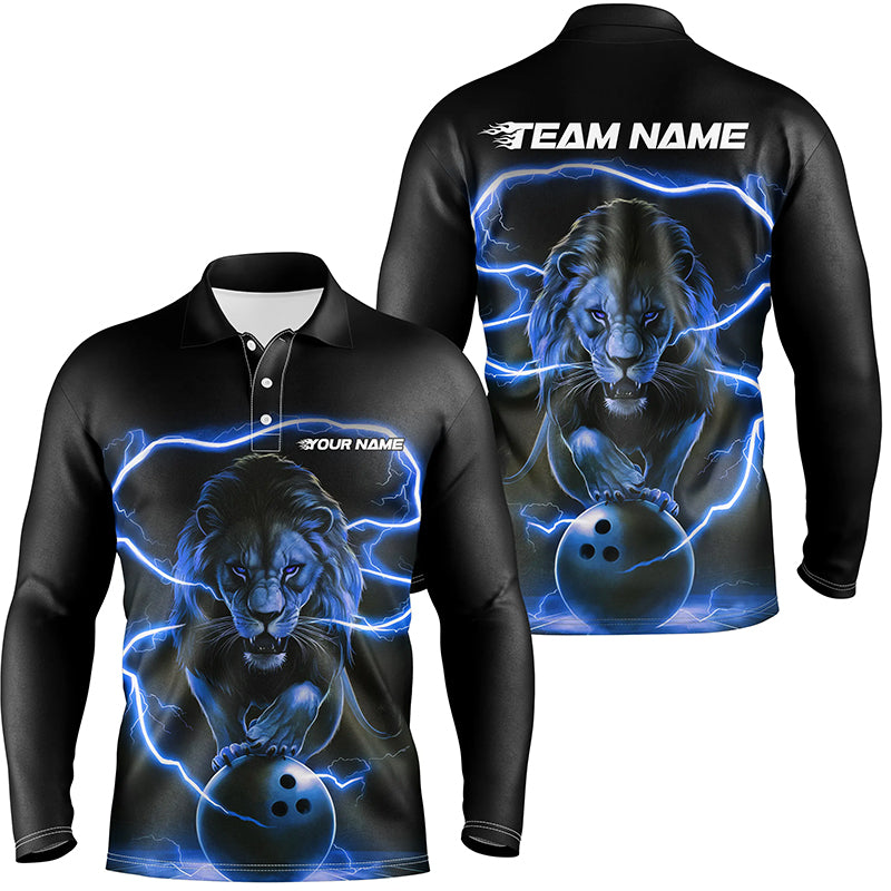Custom Lion Long Sleeve Bowling Polo Shirts For Men, Bowling Shirts Bowling Uniform | Blue IPHW6785