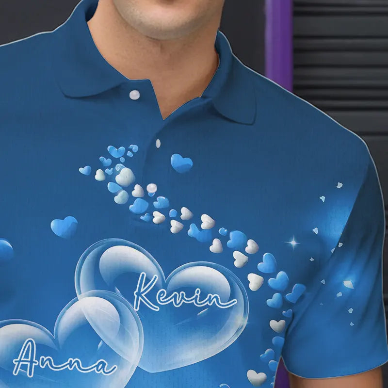 Blue Heart Theme Custom Valentines Bowling Polo Shirts For Men, Couple Bowling Shirt IPHW8345