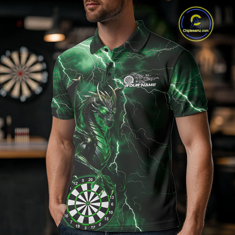 Custom Green Thunder Lightning Dragon Dart Team Polo Shirt For Men, Dart League Shirt IPHW9996