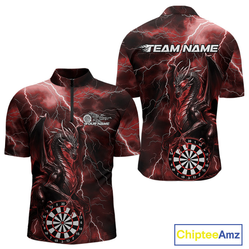 Custom Red Thunder Lightning Dragon Dart Team Quarter-Zip Shirt For Men, Dart League Shirt IPHW9997
