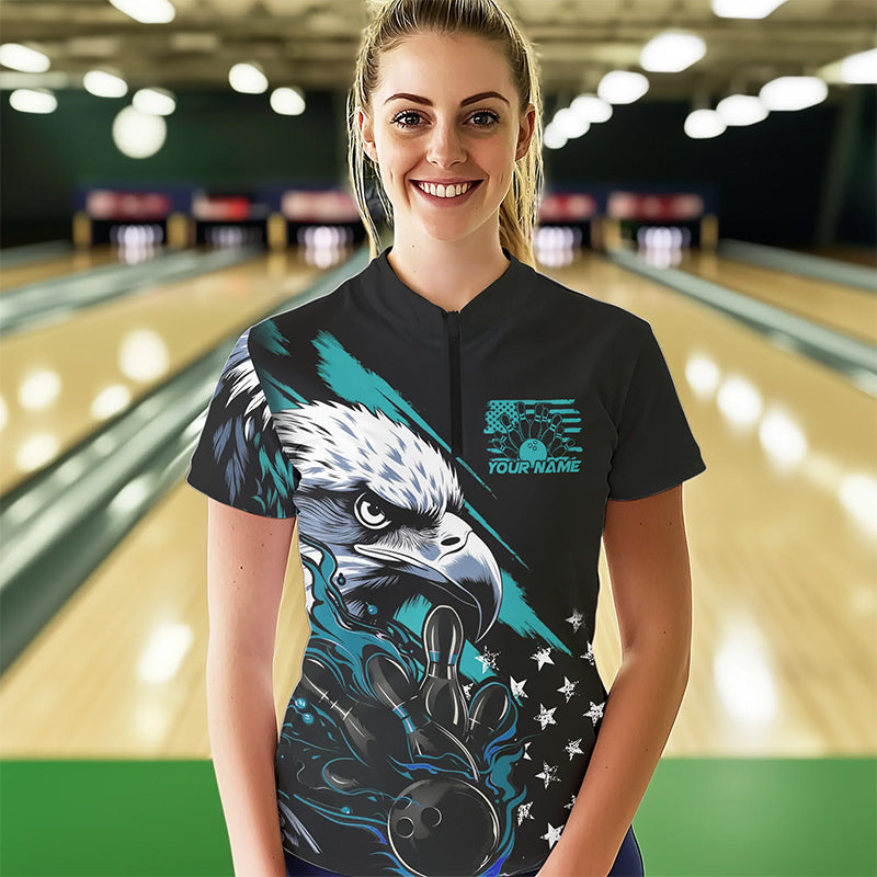 Black And Blue American Flag Eagle Custom Patriotic Flame Bowling Women Quarter-Zip Shirts IPHW8849