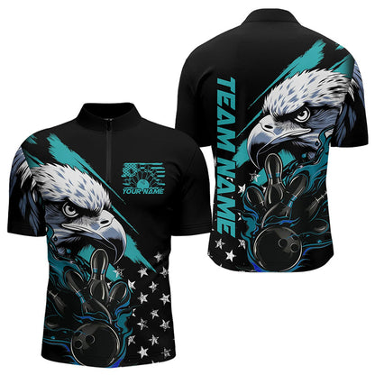 Black And Blue American Flag Eagle Custom Patriotic Flame Bowling Team Men Quarter-Zip Shirts IPHW8849