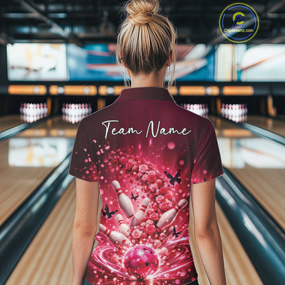 Custom Elegant Red Roses And Butterfly Women Bowling Shirt, Flower Bowling League Shirt IPHW10926