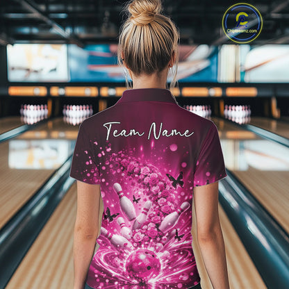 Custom Elegant Pink Roses And Butterfly Women Bowling Shirt, Flower Bowling League Shirt IPHW10928