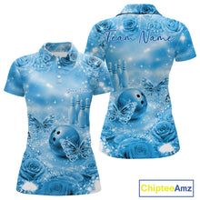 Load image into Gallery viewer, Custom Elegant Blue Roses And Butterfly Women Bowling Polo Shirts, Ladies Outfit IPHW10935